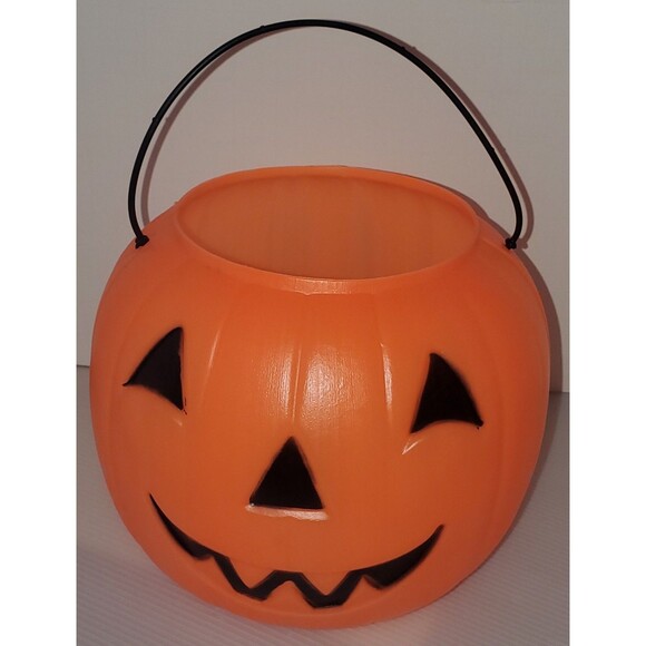 Vintage General Foam Plastics Halloween Pumpkin Pail Bucket Blow Mold USA Smile - Picture 1 of 6
